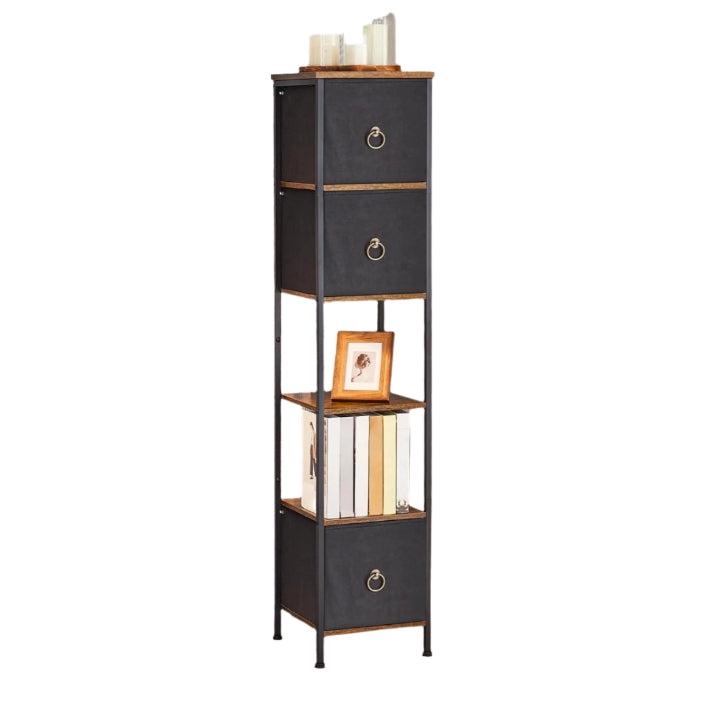 Tall Narrow Corner Storage Cabinet – 3 Fabric Drawers & 2 Open Shelves, Slim Bathroom Unit