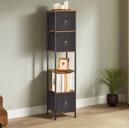 Tall Narrow Corner Storage Cabinet – 3 Fabric Drawers & 2 Open Shelves, Slim Bathroom Unit
