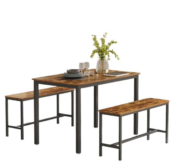 3-Piece Dining Table Set with 2 Benches – Industrial Style Space-Saving Design for 4 People