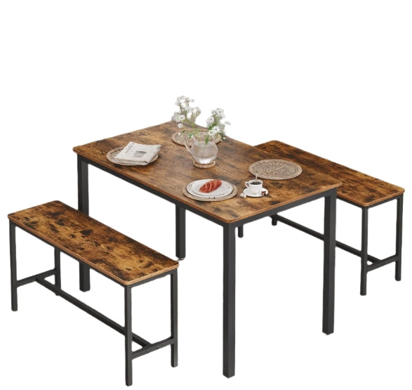 3-Piece Dining Table Set with 2 Benches – Industrial Style Space-Saving Design for 4 People