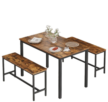 3-Piece Dining Table Set with 2 Benches – Industrial Style Space-Saving Design for 4 People