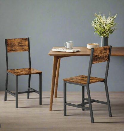 Set of 2 Industrial Dining Chairs with Steel Frame and Rustic Brown Particleboard Seats