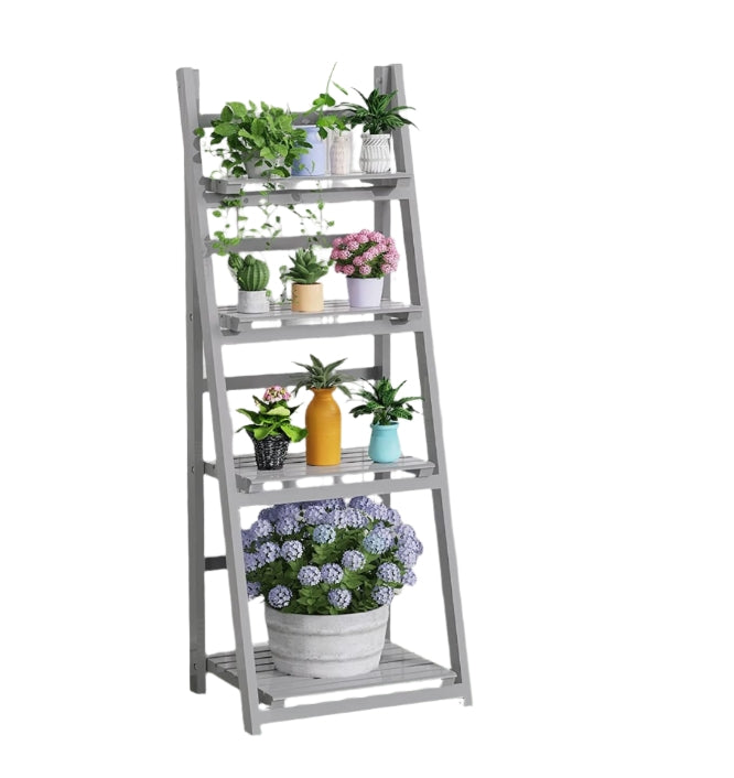 4-Tier Grey Foldable Wooden Plant Stand – Ladder Shelf Display Rack