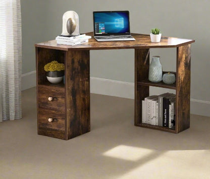 L-Shaped Corner Desk with Drawers & Shelves – 90cm Rustic Brown Computer Workstation