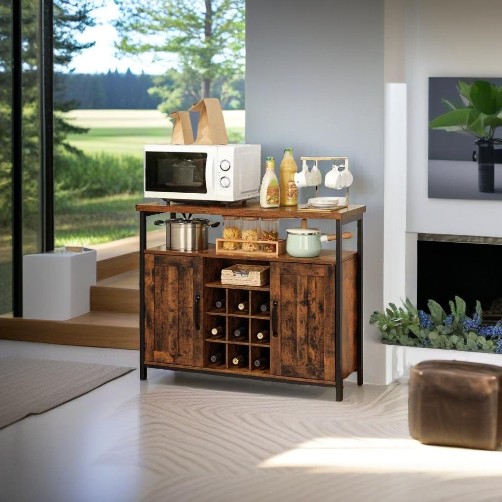 Rustic Sideboard Buffet Table with Wine Rack – Storage Cabinet for Kitchen or Dining Room
