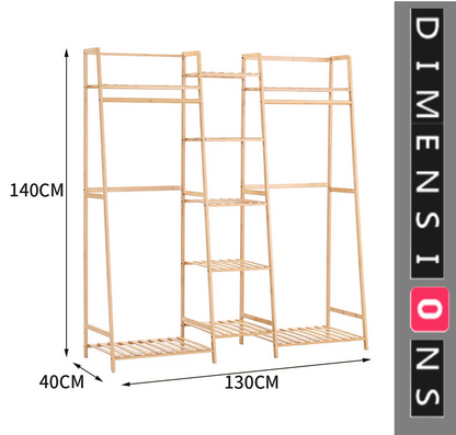 Heavy Duty Bamboo Clothes Rail Rack with Corner Storage Shelves – Natural