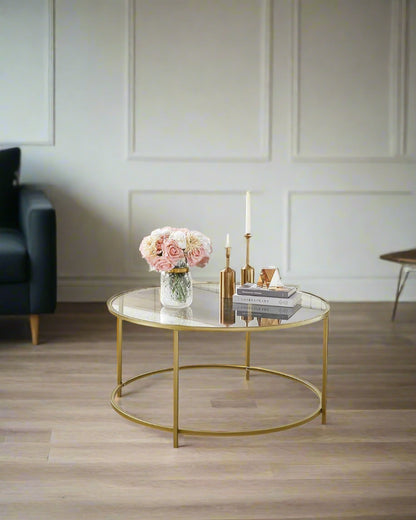 Round Glass Coffee Table with Gold Metal Frame – Modern Living Room Centre Table