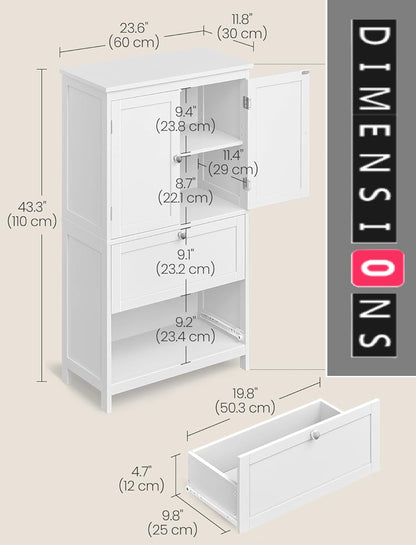 White Bathroom Storage Cabinet – Kitchen Cupboard with 2 Drawers, 2 Doors & Adjustable Shelf, 110cm Tall