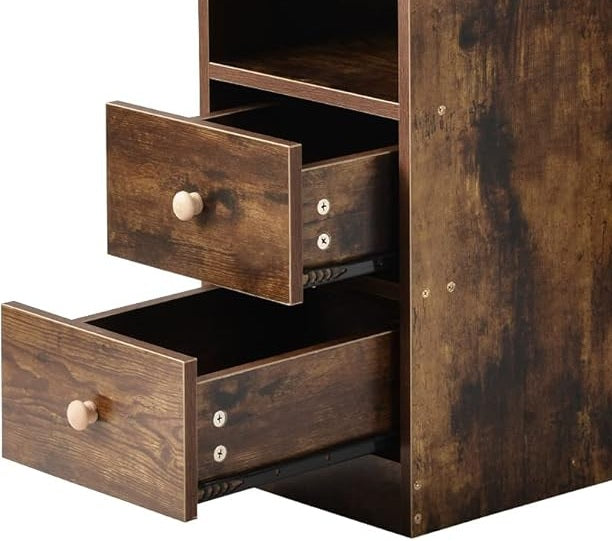 L-Shaped Corner Desk with Drawers & Shelves – 90cm Rustic Brown Computer Workstation