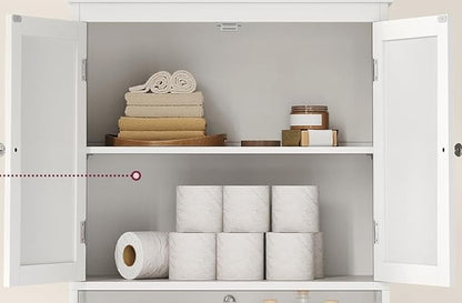 White Bathroom Storage Cabinet – Kitchen Cupboard with 2 Drawers, 2 Doors & Adjustable Shelf, 110cm Tall