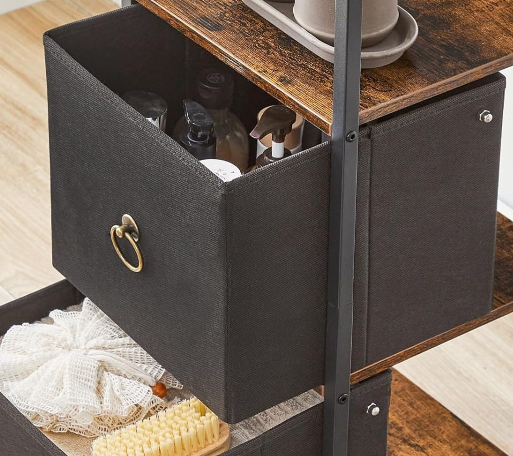Tall Narrow Corner Storage Cabinet – 3 Fabric Drawers & 2 Open Shelves, Slim Bathroom Unit