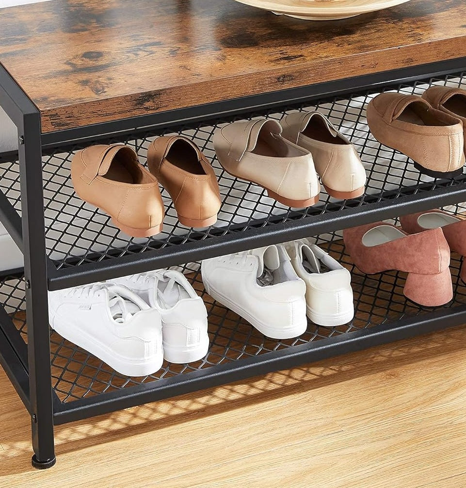 Industrial Entryway Coat Rack with 12 Hooks and Bench