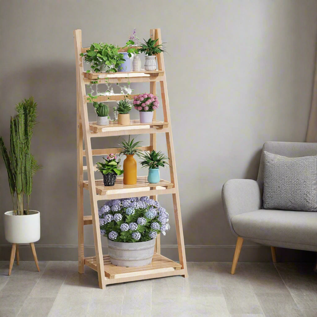 4-Tier Foldable Wooden Plant Stand – Ladder Shelf Display Rack - Natural Colour