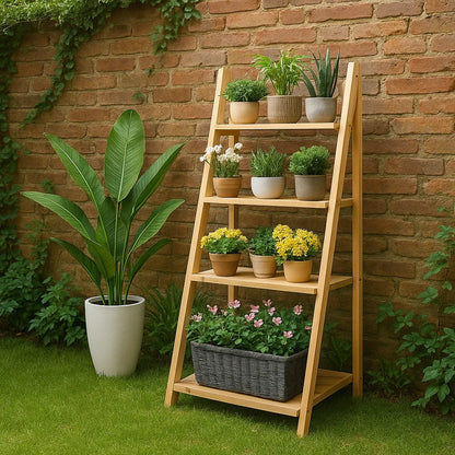 4-tier white wooden ladder plant stand with foldable design for indoor and outdoor use

