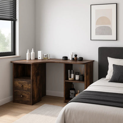 L-Shaped Corner Desk with Drawers & Shelves – 90cm Rustic Brown Computer Workstation