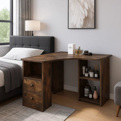 L-Shaped Corner Desk with Drawers & Shelves – 90cm Rustic Brown Computer Workstation