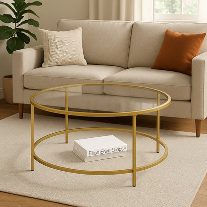 Round Glass Coffee Table with Gold Metal Frame – Modern Living Room Centre Table