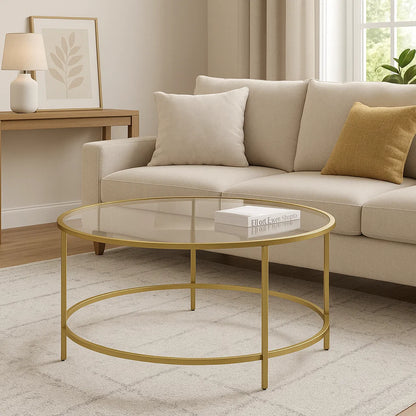 Modern round glass coffee table with gold metal frame for living room

