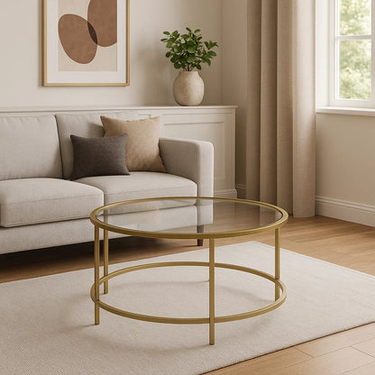 Round Glass Coffee Table with Gold Metal Frame – Modern Living Room Centre Table