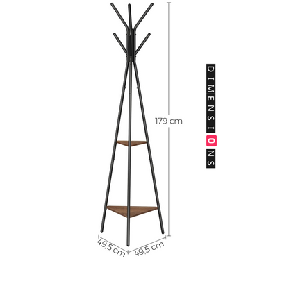 Industrial Coat Rack Stand with 2 Shelves – Freestanding Hall Tree with 6 Hooks