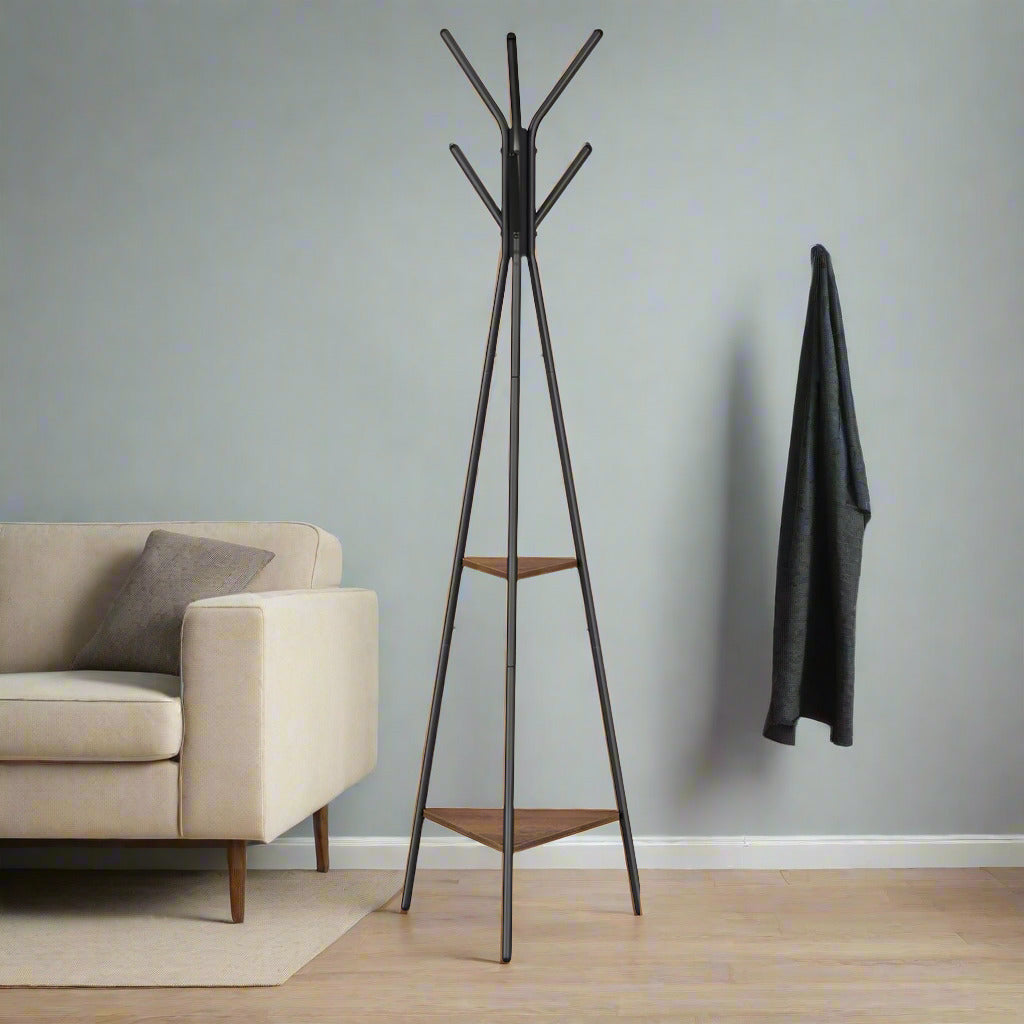 Industrial Coat Rack Stand with 2 Shelves – Freestanding Hall Tree with 6 Hooks