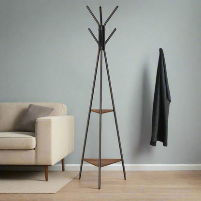 Industrial Coat Rack Stand with 2 Shelves – Freestanding Hall Tree with 6 Hooks