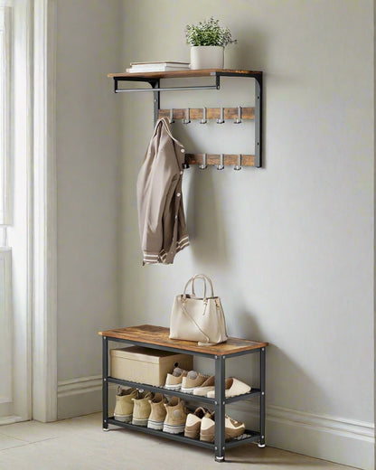 Industrial Style Shoe Bench with 2 Shelves and Steel Structure