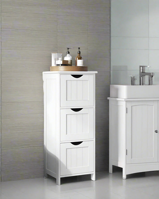 Slim matte white floor cabinet with 3 drawers in Scandinavian style for bathroom or bedroom

