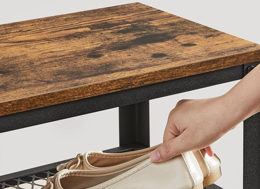 Industrial Style Shoe Bench with 2 Shelves and Steel Structure