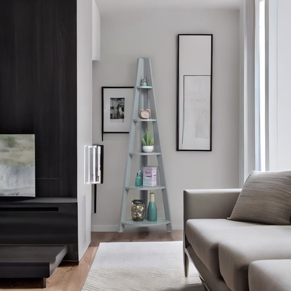 5 Tier Ladder Bookcase – Retro Wooden Corner Shelving Unit | Grey Scandinavian Style