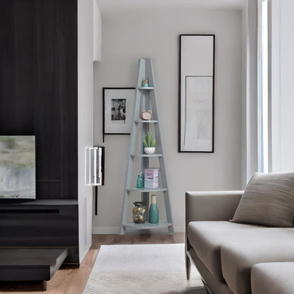 5 Tier Ladder Bookcase – Retro Wooden Corner Shelving Unit | Grey Scandinavian Style