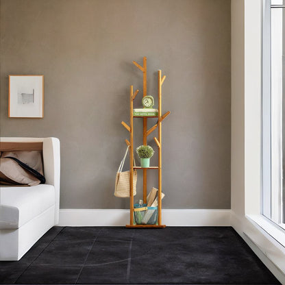 Freestanding Wooden Hanger Stand with 10 Hooks for Coats