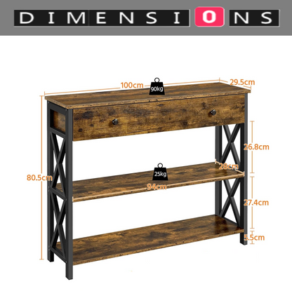 Industrial Console Table with Drawer and 2 Shelves