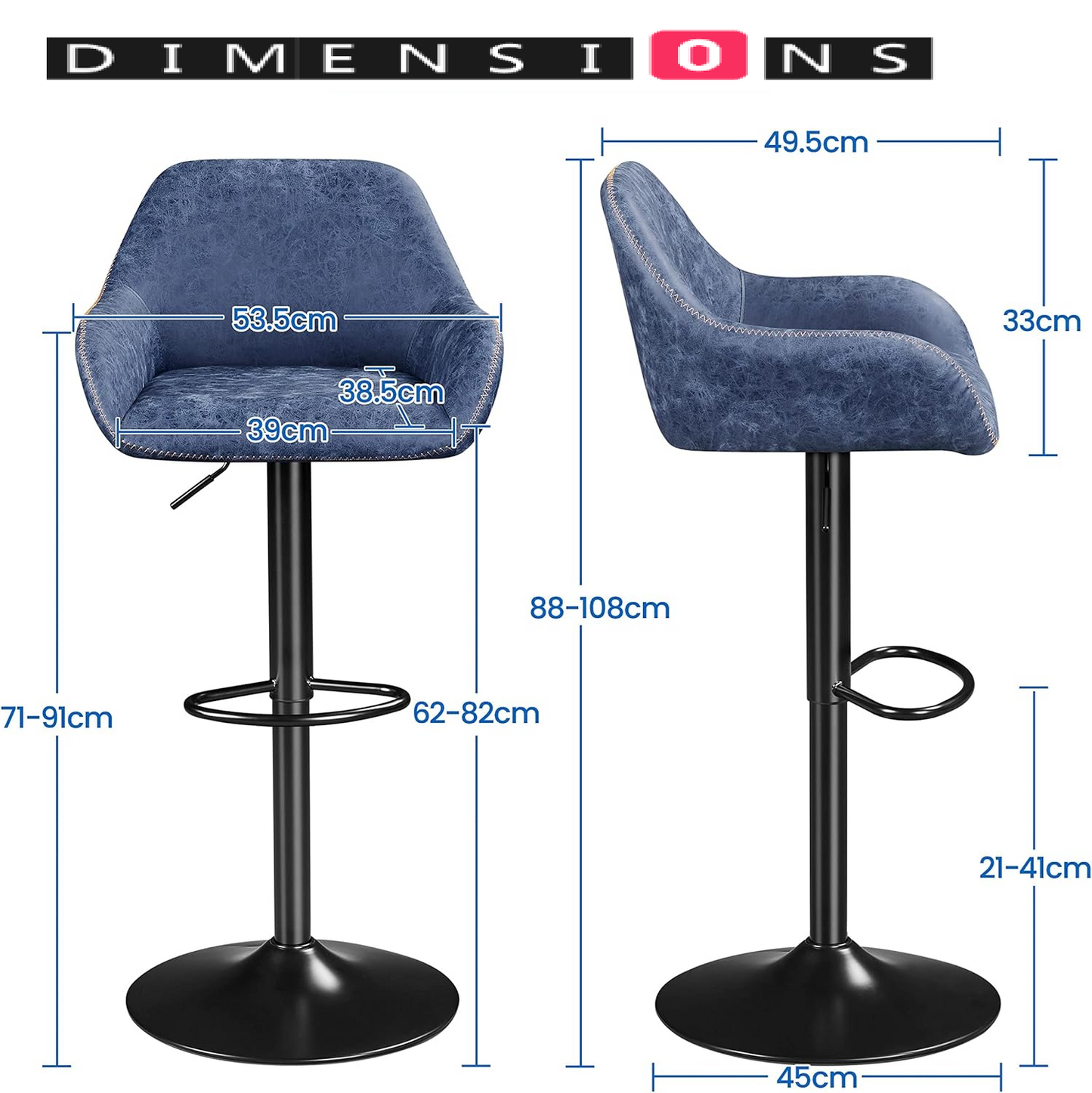 Set of 2 Adjustable Swivel Bar Stools with Backrest & Armrests – Faux Leather Blue Chairs