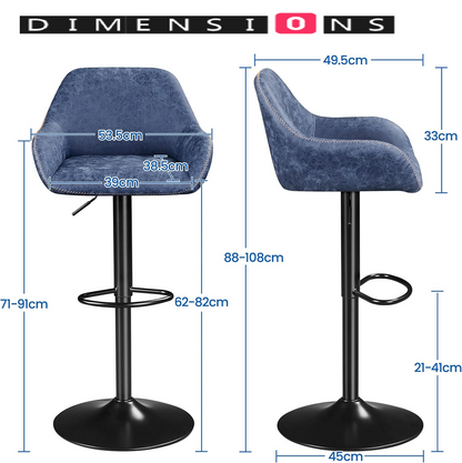Set of 2 Adjustable Swivel Bar Stools with Backrest & Armrests – Faux Leather Blue Chairs