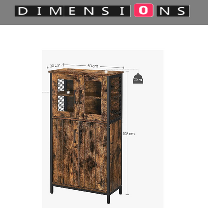 Industrial Storage Cabinet with Glass Doors & Adjustable Shelf – Rustic Brown & Black