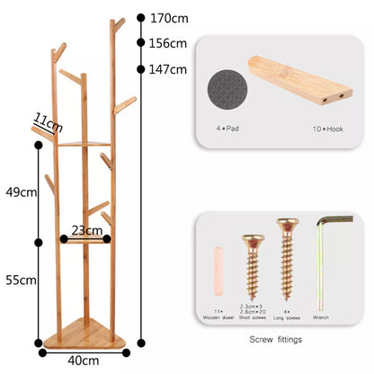 Freestanding Wooden Hanger Stand with 10 Hooks for Coats