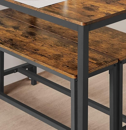 3-Piece Dining Table Set with 2 Benches – Industrial Style Space-Saving Design for 4 People