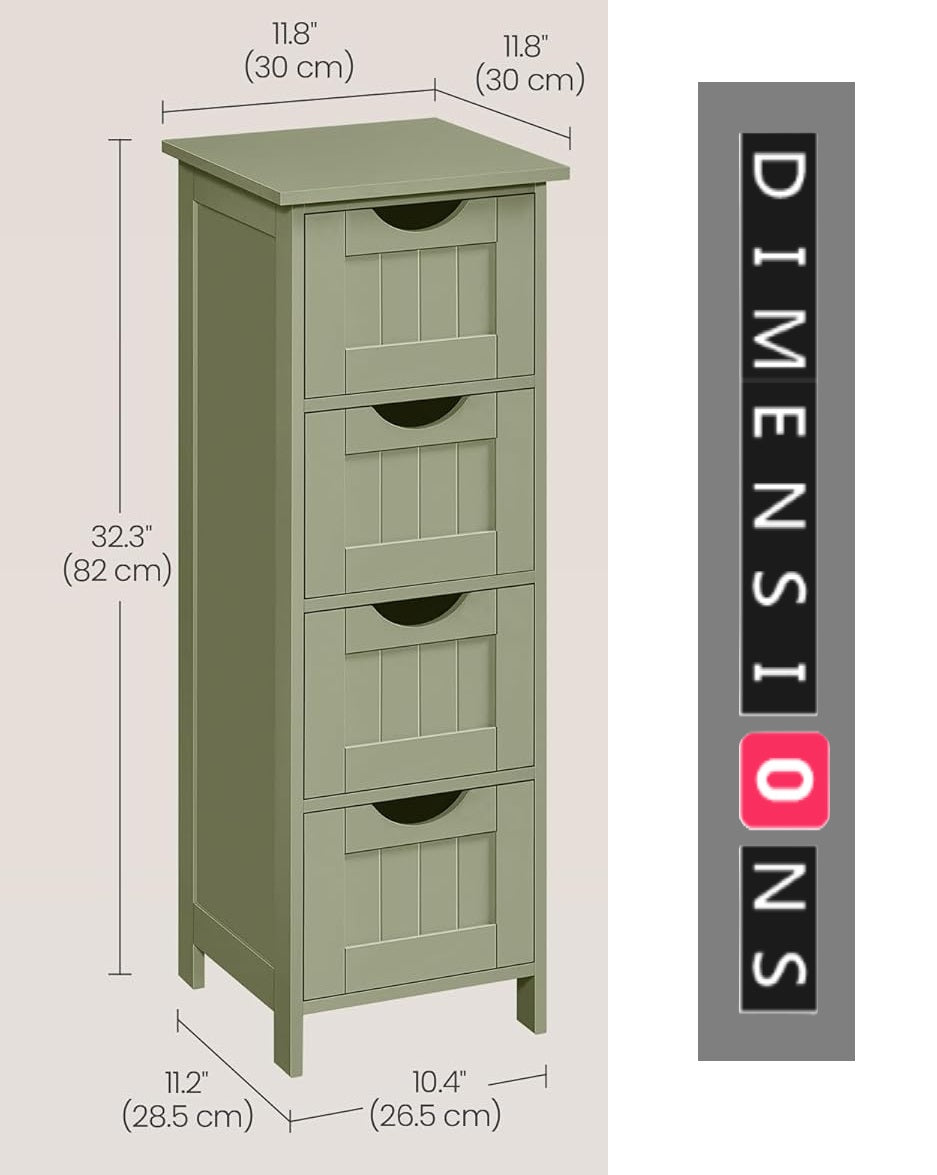 Green Bathroom Floor Storage Cabinet – Freestanding Unit with 4 Drawers
