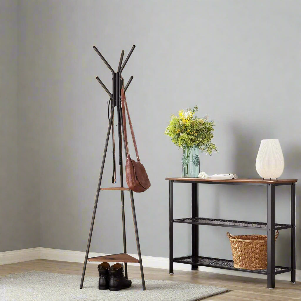 Industrial Coat Rack Stand with 2 Shelves – Freestanding Hall Tree with 6 Hooks