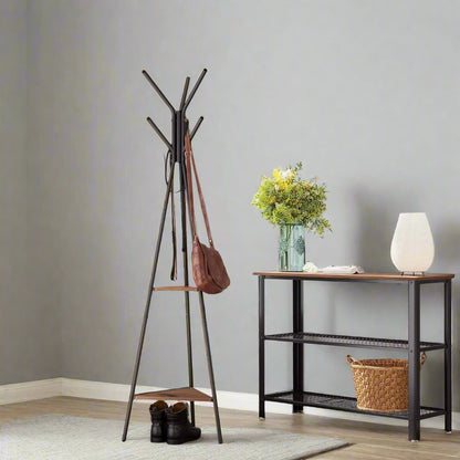 Industrial Coat Rack Stand with 2 Shelves – Freestanding Hall Tree with 6 Hooks
