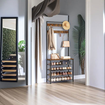 Industrial Coat Stand with Shoe Storage - Hall Tree with 9 Hooks