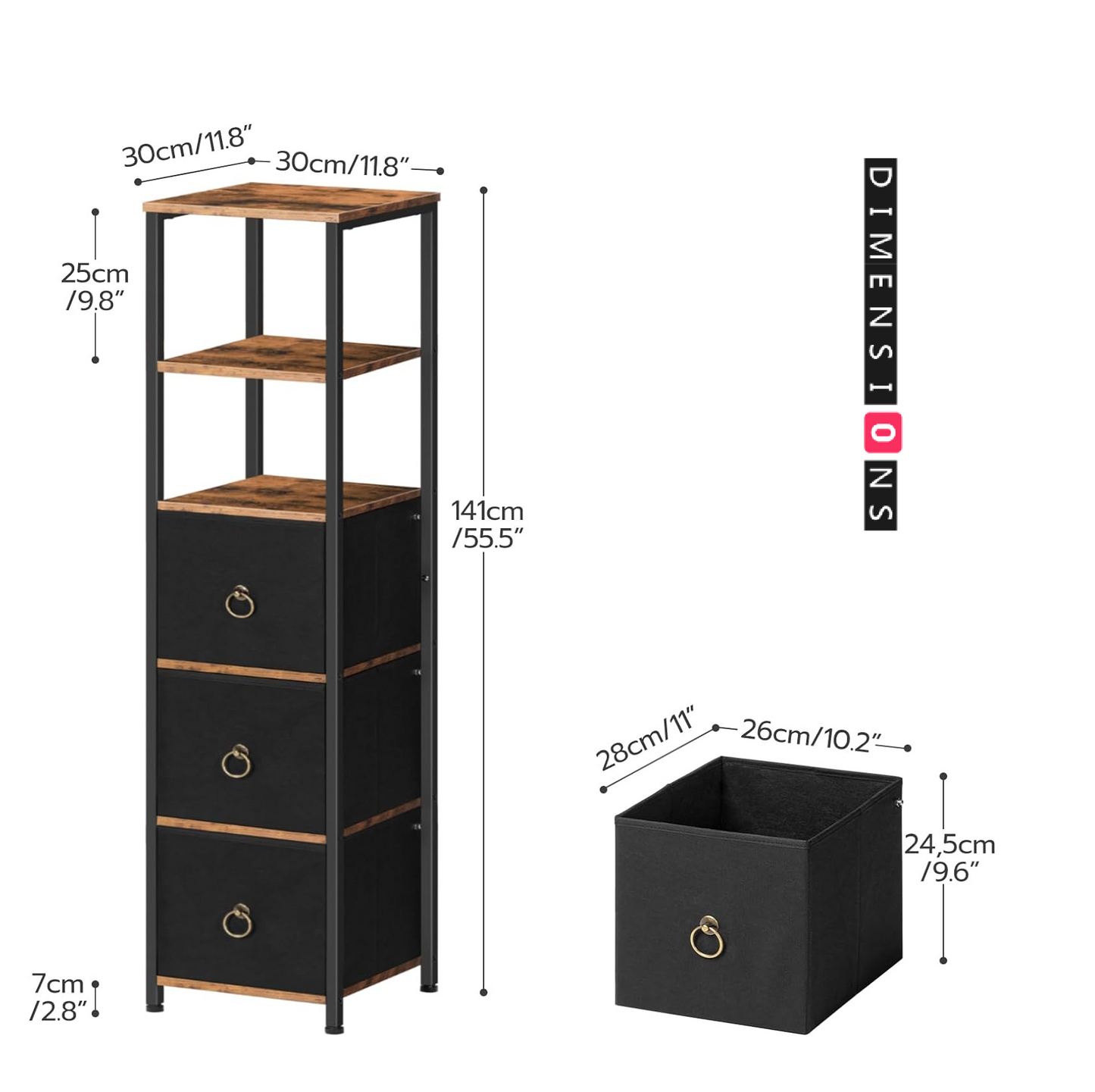Tall Narrow Corner Storage Cabinet – 3 Fabric Drawers & 2 Open Shelves, Slim Bathroom Unit