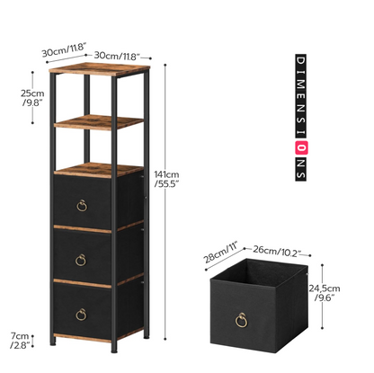 Tall Narrow Corner Storage Cabinet – 3 Fabric Drawers & 2 Open Shelves, Slim Bathroom Unit