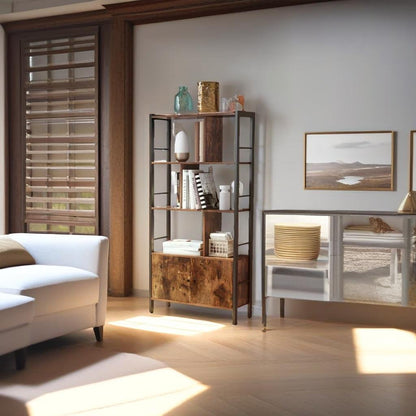 Industrial 4-Tier Bookcase with Doors