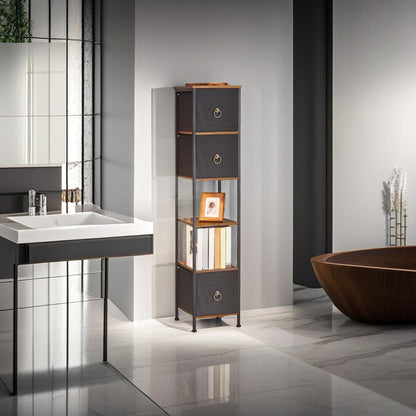 Tall Narrow Corner Storage Cabinet – 3 Fabric Drawers & 2 Open Shelves, Slim Bathroom Unit