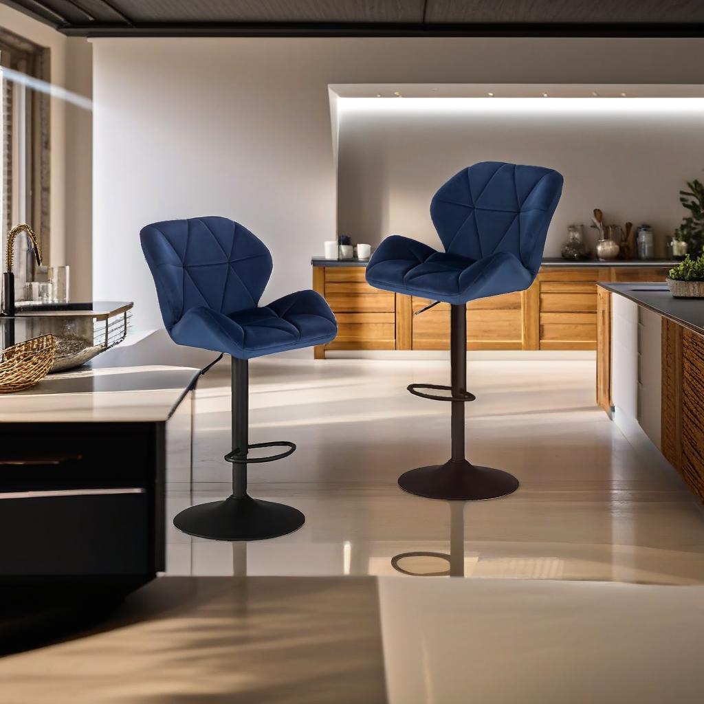Set of 2 Velvet Blue Bar Stools – Adjustable Swivel Dining Chairs with Footrest & Black Steel