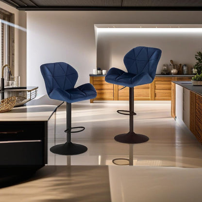 Set of 2 Velvet Blue Bar Stools – Adjustable Swivel Dining Chairs with Footrest & Black Steel
