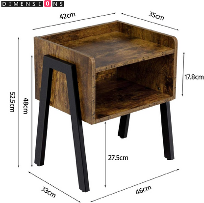 Industrial Rustic Bedside Table Stackable 2 Tier Side Table with Storage Shelf Brown