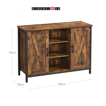 Industrial Sideboard Buffet Table with Barn Doors & Adjustable Shelves – Rustic Brown & Black